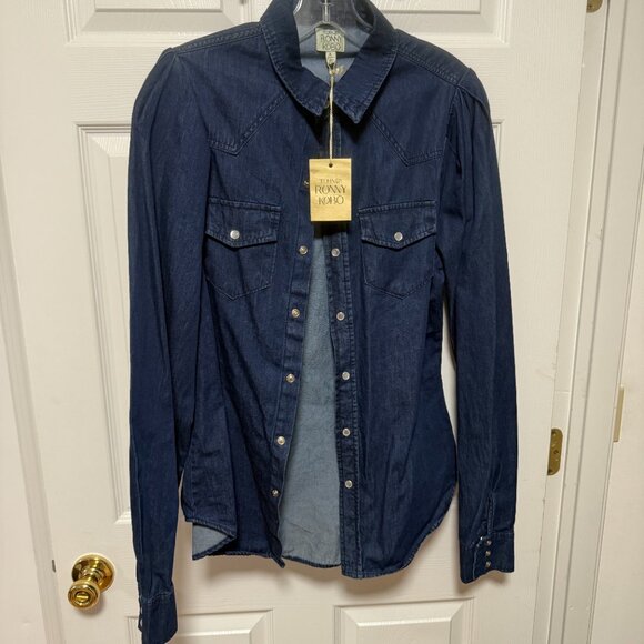 New Torn by Ronny Kobo Western Prairie Denim Blue Blouse Women's Large Dark Wash - Picture 13 of 16